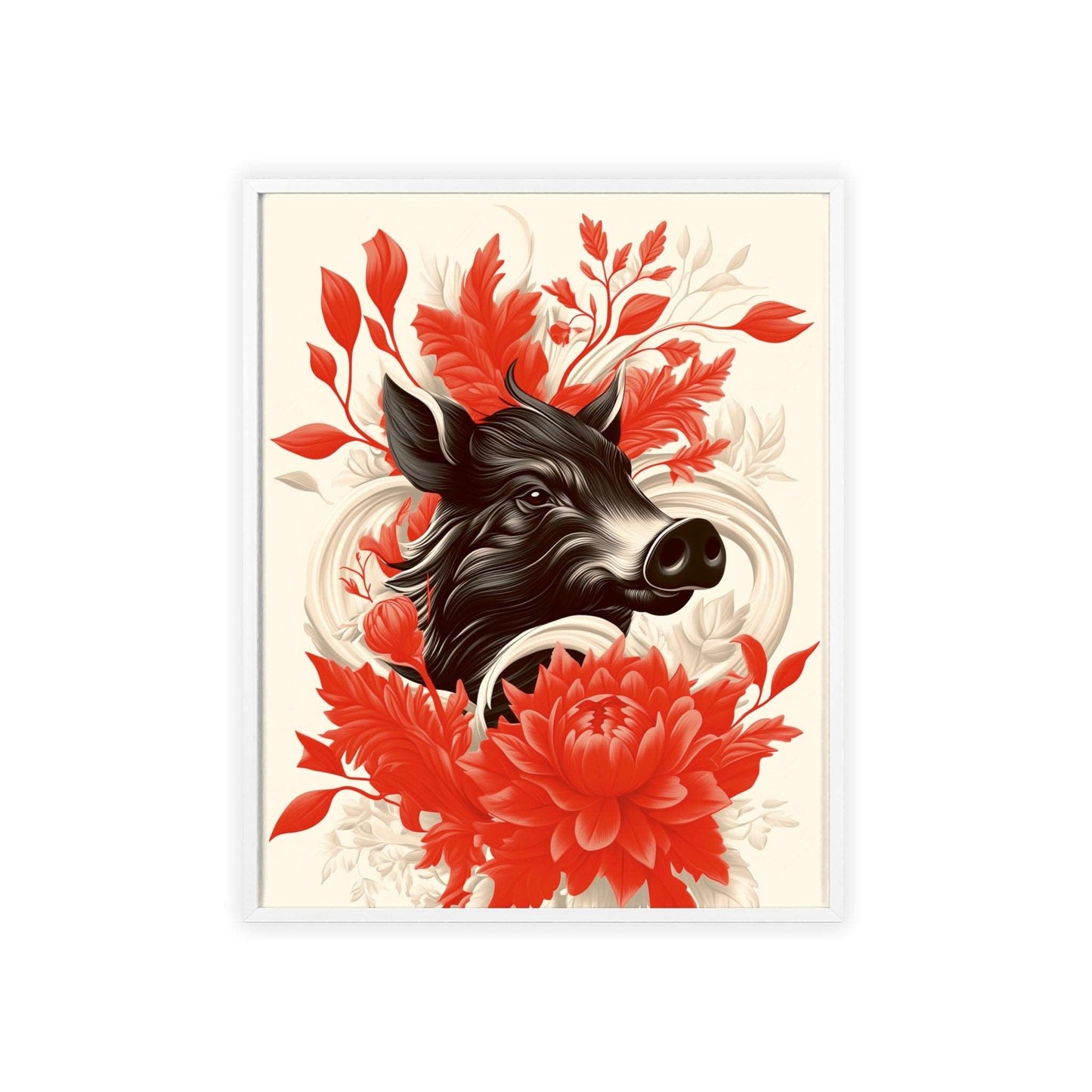 Framed poster of a stylized wild boar surrounded by red flowers.