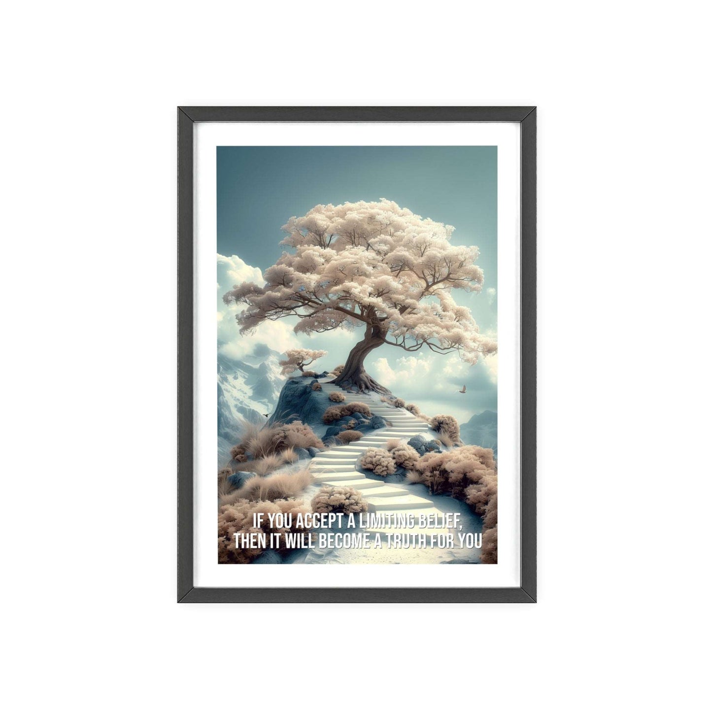 Surreal minimalist art print featuring a solitary tree on a hill, with Louise Hay quote "If you accept a limiting belief, then it will become a truth for you"