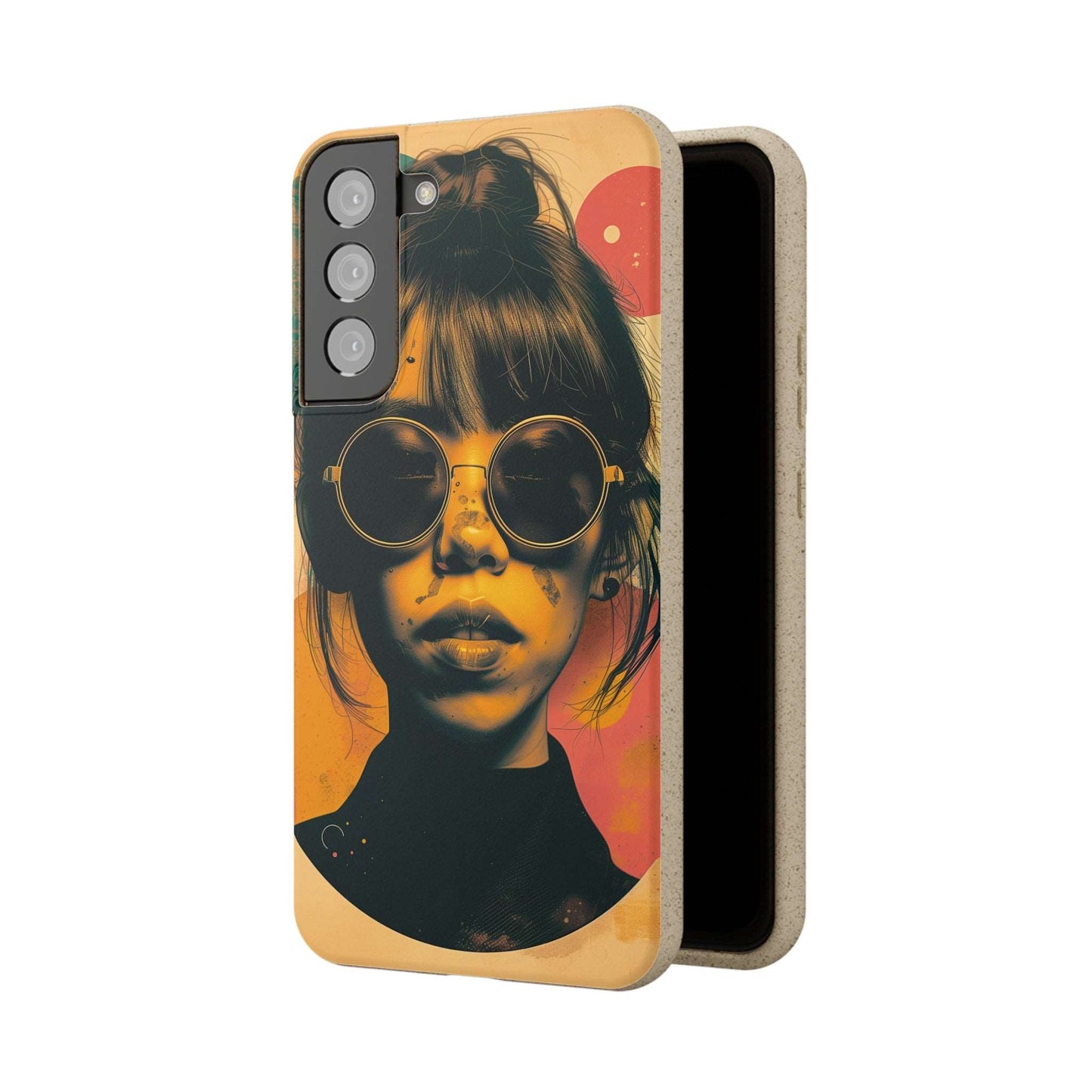 Tokyo-themed phone case featuring a retro portrait with neon colors, made from biodegradable materials, compatible with iPhone and Samsung.