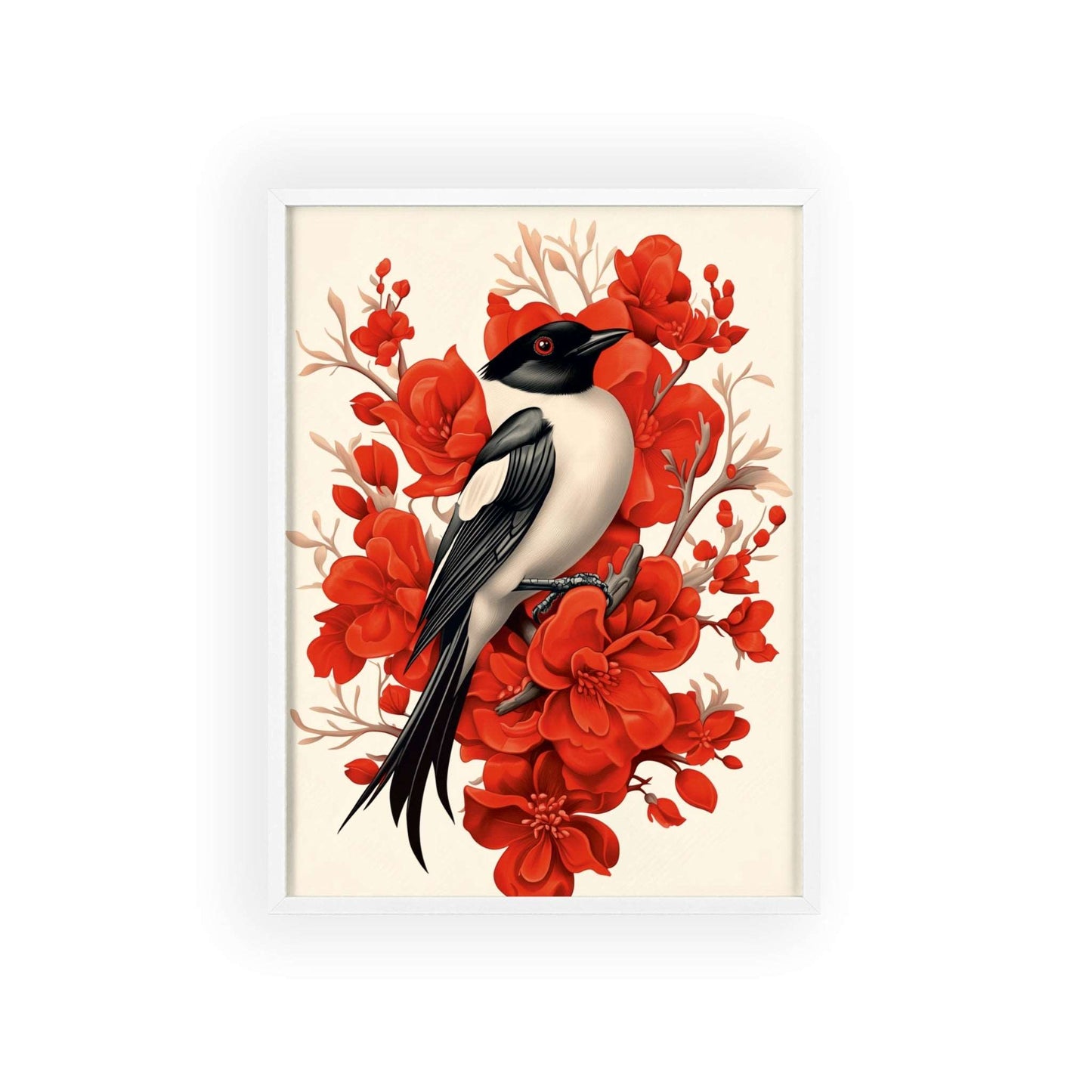 Framed poster featuring a stylized magpie surrounded by red flowers