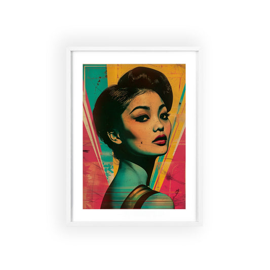 Pop art portrait of an iconic Indochinese woman from the Global Glamour collection, enhancing home decor with bold, vibrant design and chic aesthetic