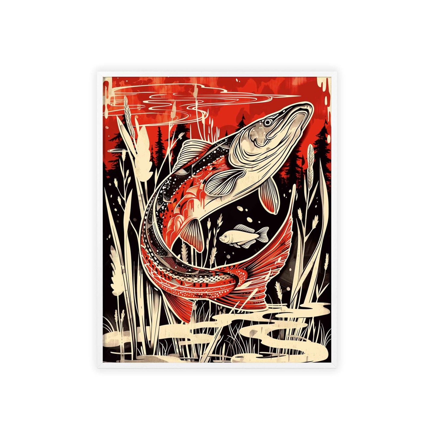 This original wall art, featuring a striking portrayal of the pike fish, adds a touch of edgy elegance to your modern home decor