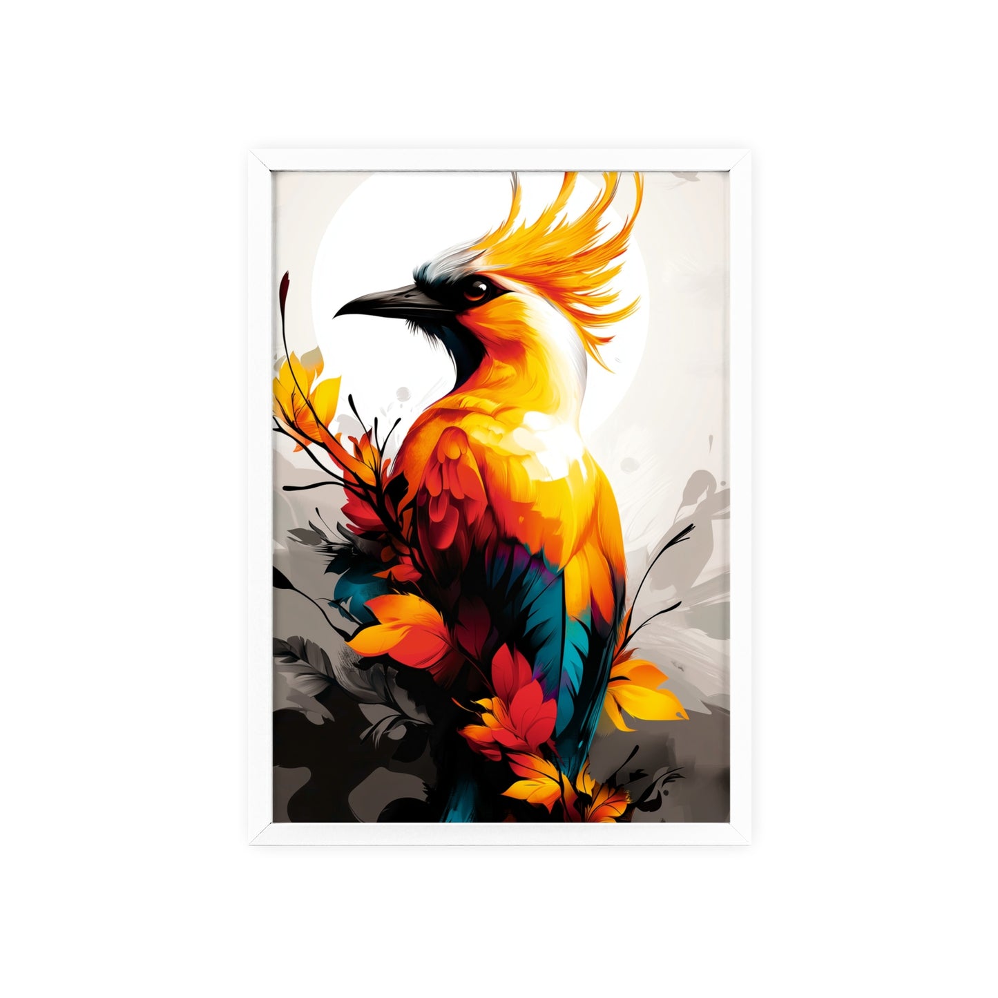 Striking digital illustration of a mystical hoopoe with abstract shapes and vibrant colors, featuring its distinctive crest, part of the Mystical Beasts Collection framed poster series.