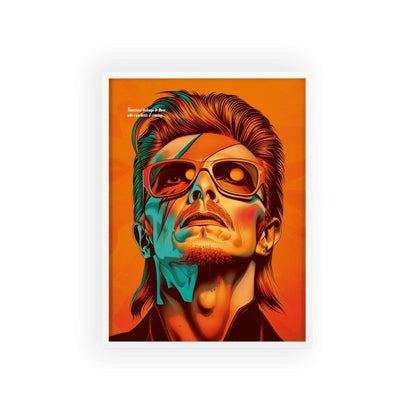 Portrait poster featuring David Bowie's quote: 'Tomorrow belongs to those who can hear it coming,' with bright, vibrant colors, perfect for modern home decor.