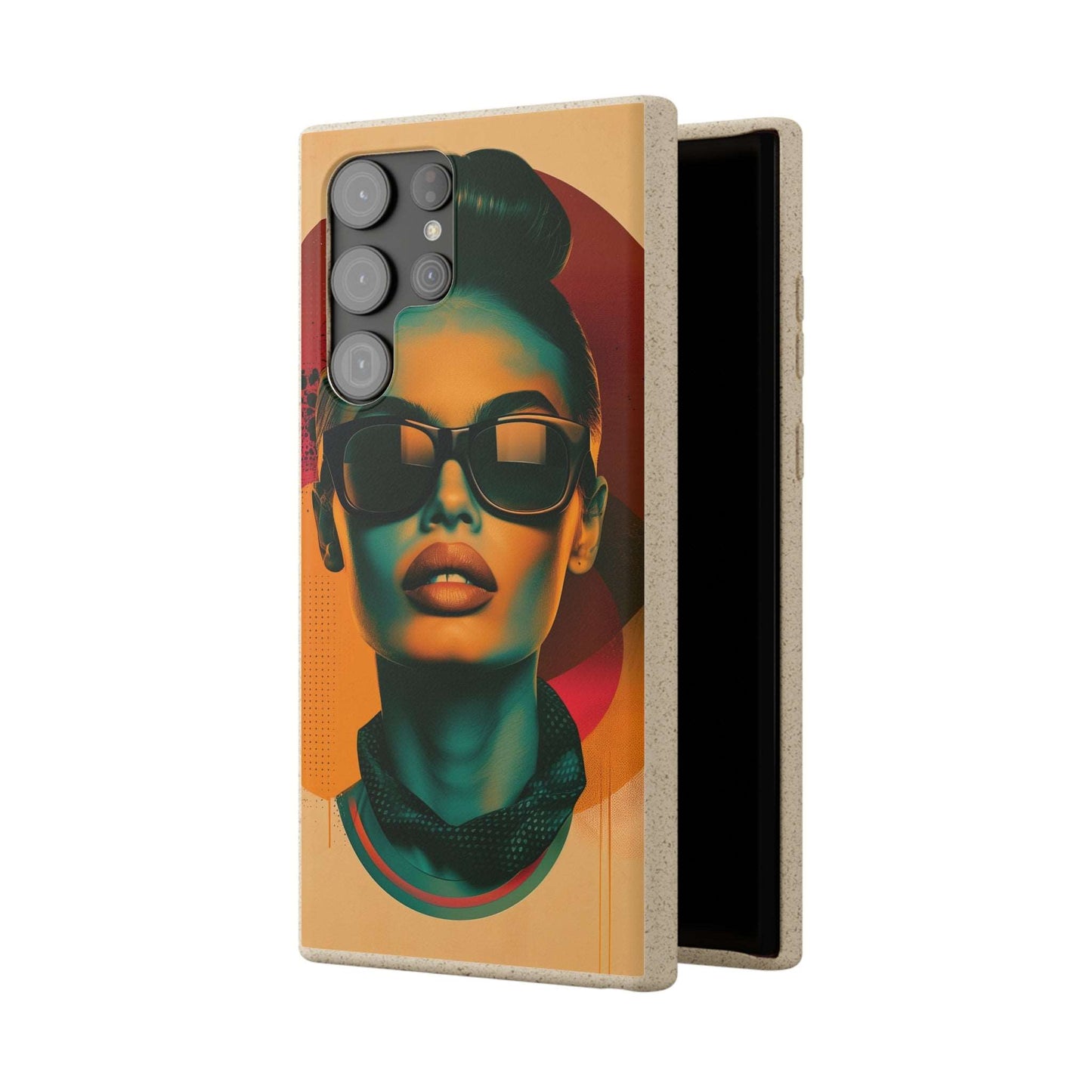 Madrid-themed phone case with a vibrant retro portrait design in biodegradable materials, compatible with iPhone and Samsung.