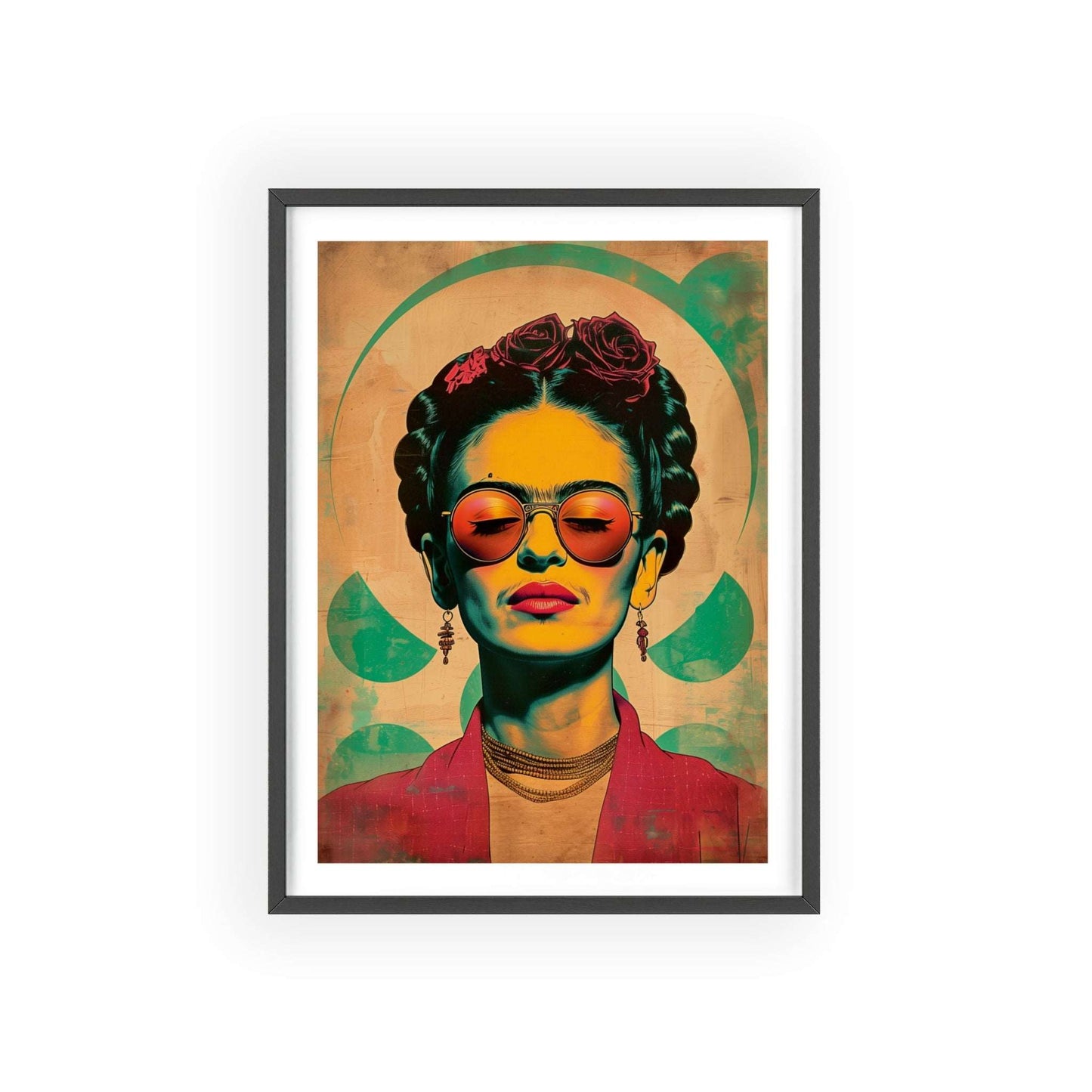 Framed poster featuring a high-resolution vector illustration of Frida Kahlo in a Brian Kesinger-inspired style. Frida has a bold, flat color design with high contrast and wears rose-colored sunglasses. The background is flat and uses warm tones. The poster is centered in the composition.