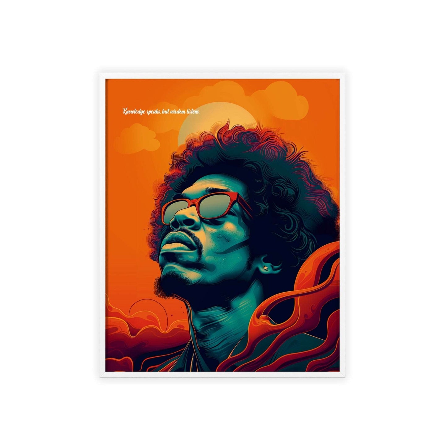 Original wall art with Jimi Hendrix's quote: 'The Knowledge speaks but Wisdom listens,' perfect for adding inspiration and style to your home decor.