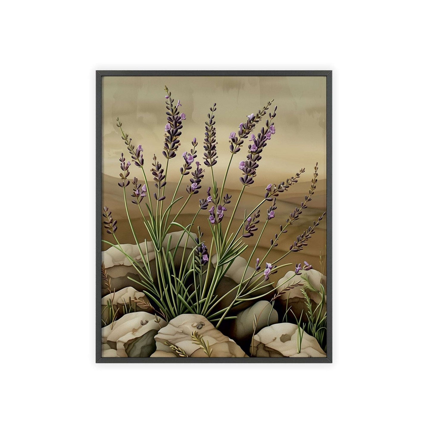 Vintage-style framed poster showcasing delicate lavender sprigs in soothing purple hues