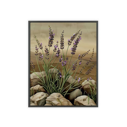 Vintage-style framed poster showcasing delicate lavender sprigs in soothing purple hues