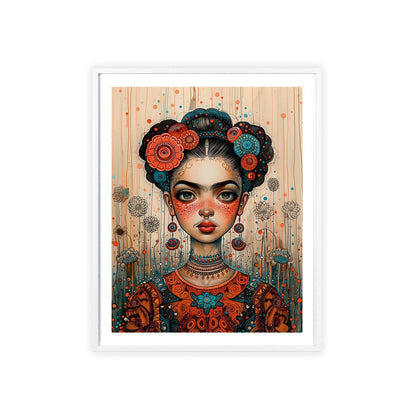 Framed poster titled "Frida in the Timeless Metaverse - Portrait". The poster depicts Frida Kahlo in a style reminiscent of Mab Graves and Klimt