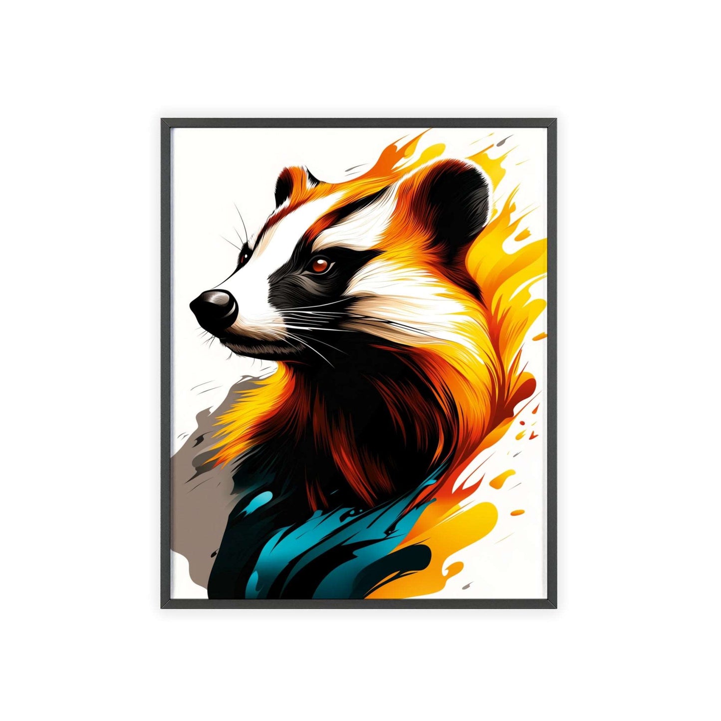 Colorful pop art-style poster of a badger with geometric shapes and vibrant hues from the Mystical Beasts Collection