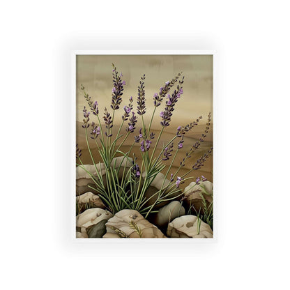 Vintage-style framed poster showcasing delicate lavender sprigs in soothing purple hues