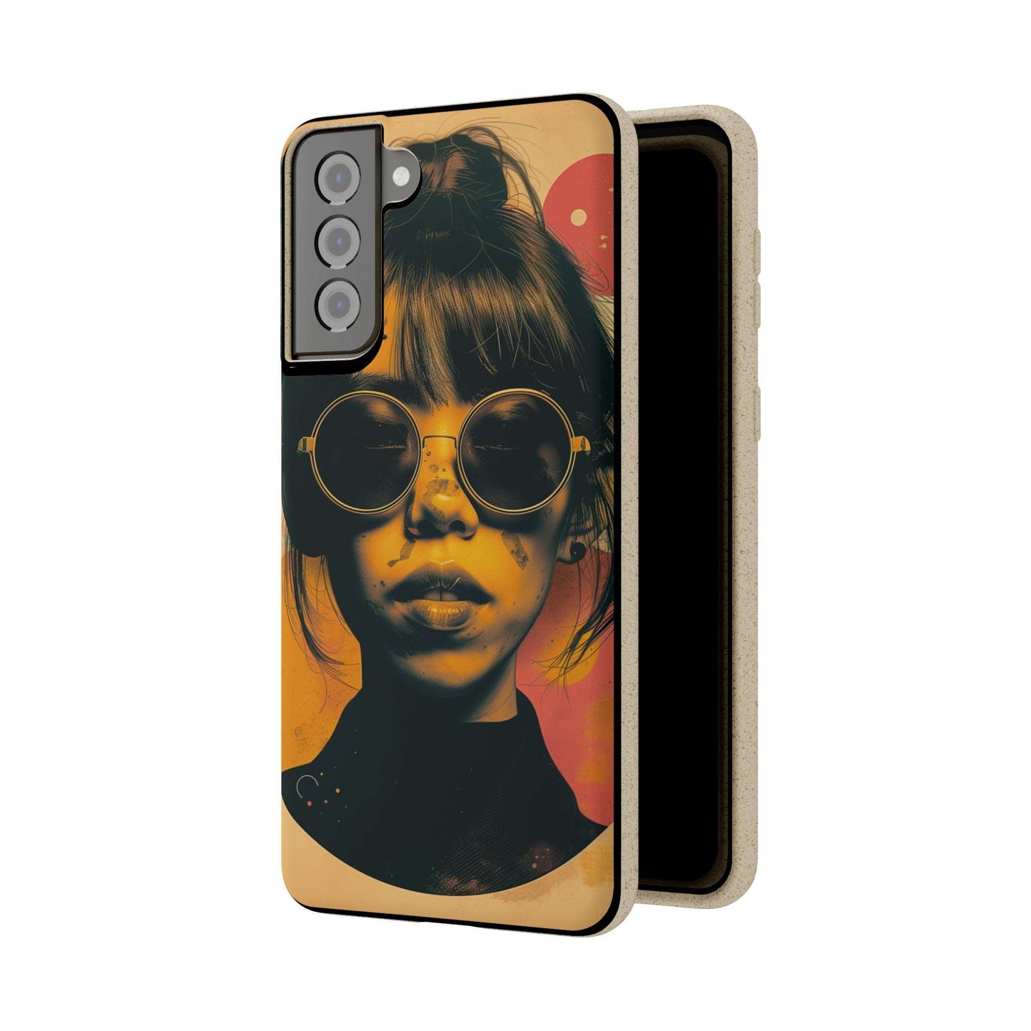 Tokyo-themed phone case featuring a retro portrait with neon colors, made from biodegradable materials, compatible with iPhone and Samsung.