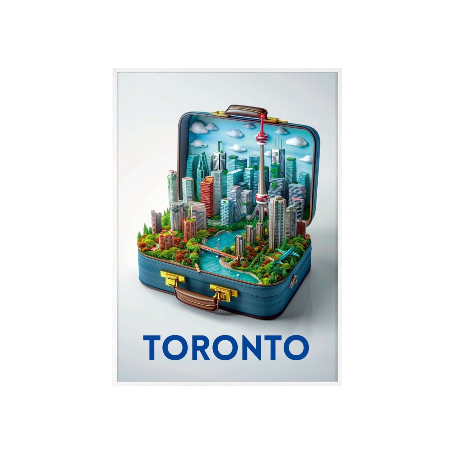 Travel poster titled "Toronto in a Suitcase" featuring a stylized illustration capturing the essence of Toronto. The poster is designed for modern home decor.