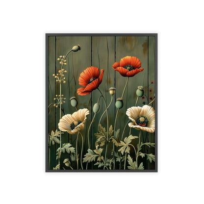 Vintage-style framed poster featuring vibrant red poppy blooms with delicate stems and leaves