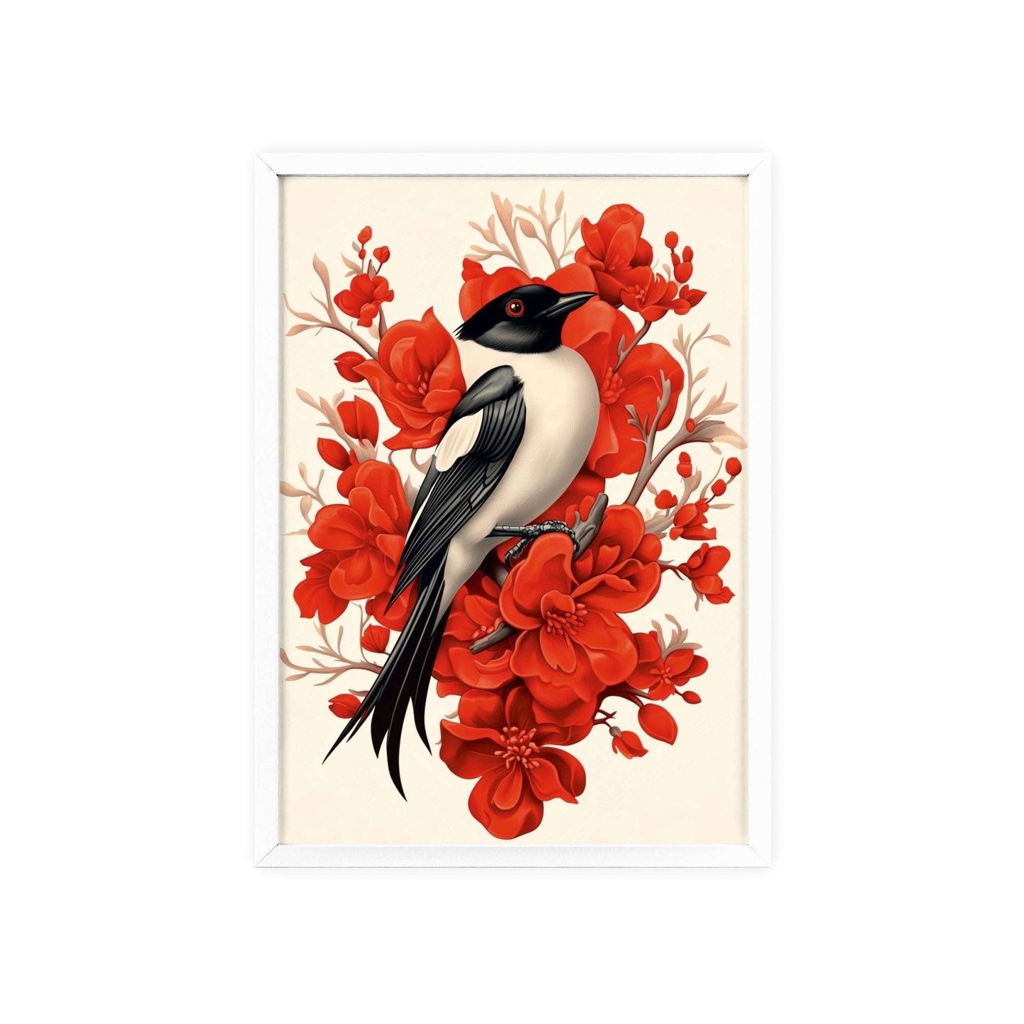 Framed poster featuring a stylized magpie surrounded by red flowers