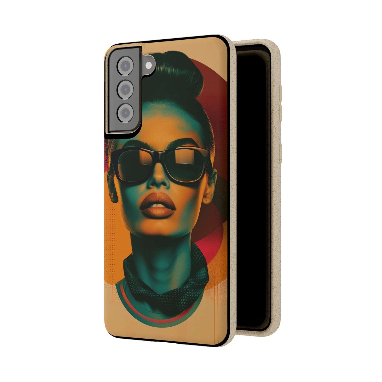 Madrid-themed phone case with a vibrant retro portrait design in biodegradable materials, compatible with iPhone and Samsung.