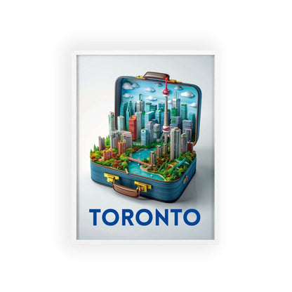 Travel poster titled "Toronto in a Suitcase" featuring a stylized illustration capturing the essence of Toronto. The poster is designed for modern home decor.