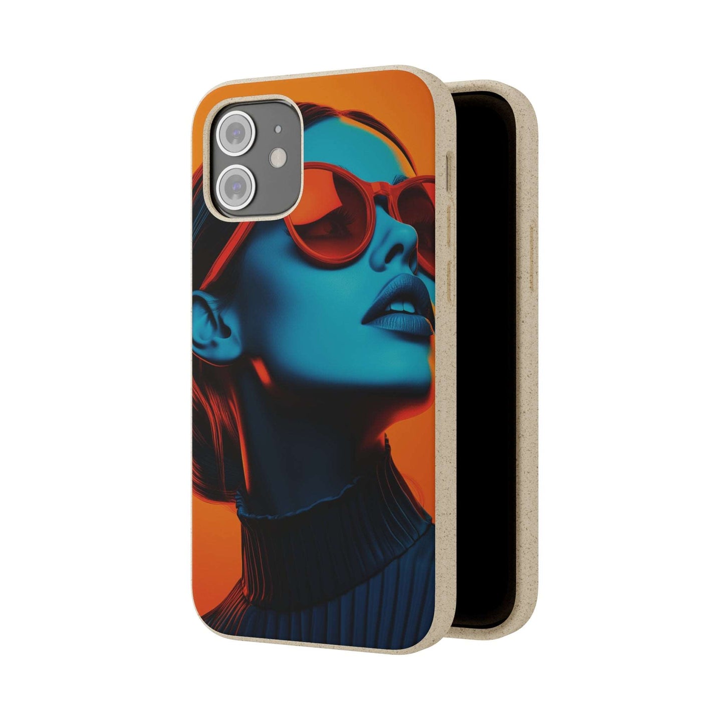 Madrid Modern Global Portrait phone case with a young woman, biodegradable, eco-friendly, and wireless charging compatible.