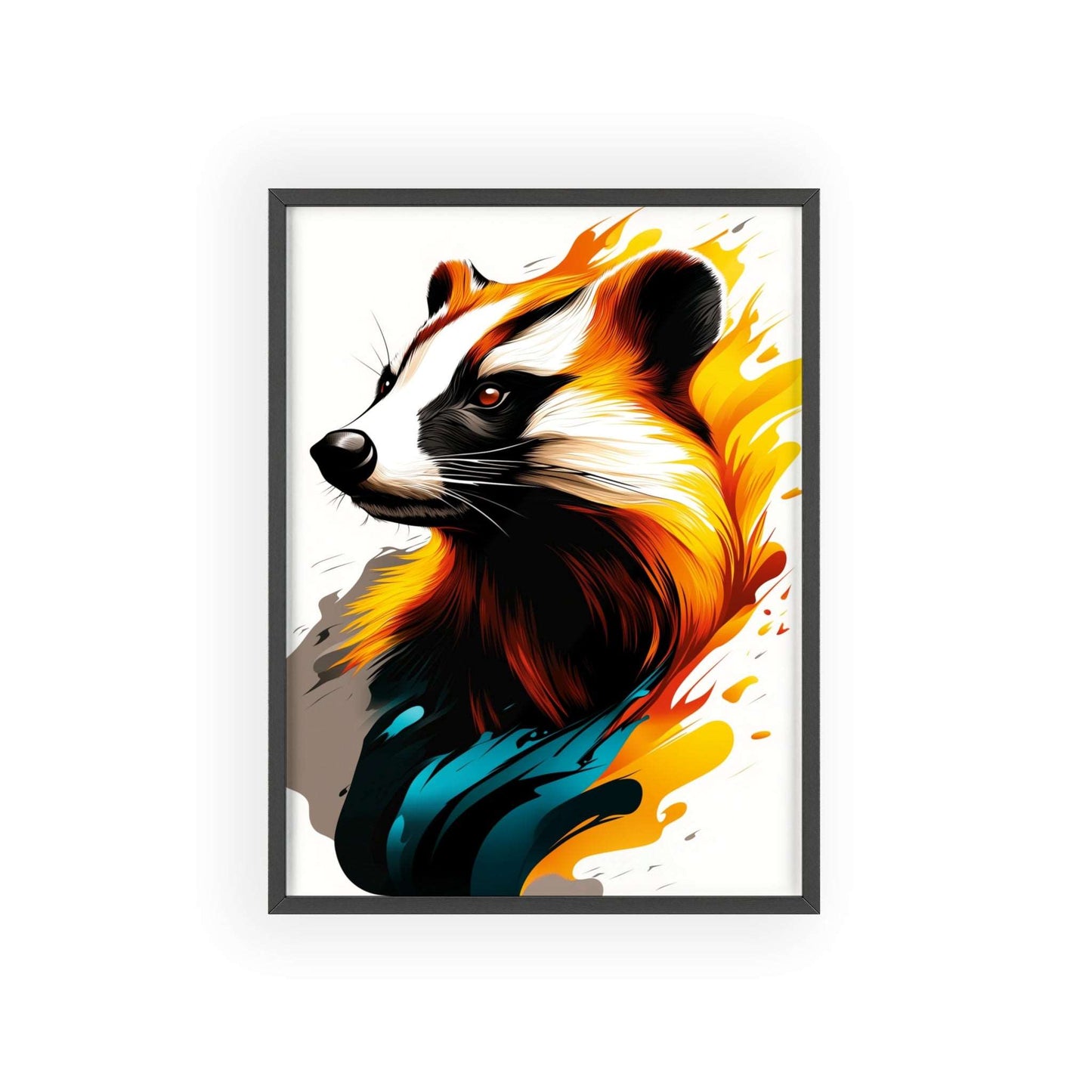 Colorful pop art-style poster of a badger with geometric shapes and vibrant hues from the Mystical Beasts Collection