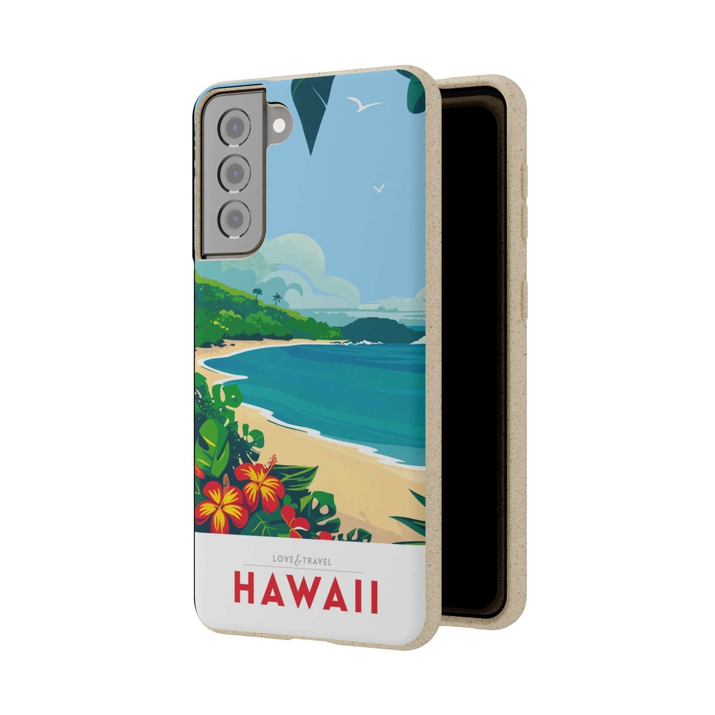 Vibrant biodegradable phone case featuring a colorful Hawaii-inspired travel poster design.