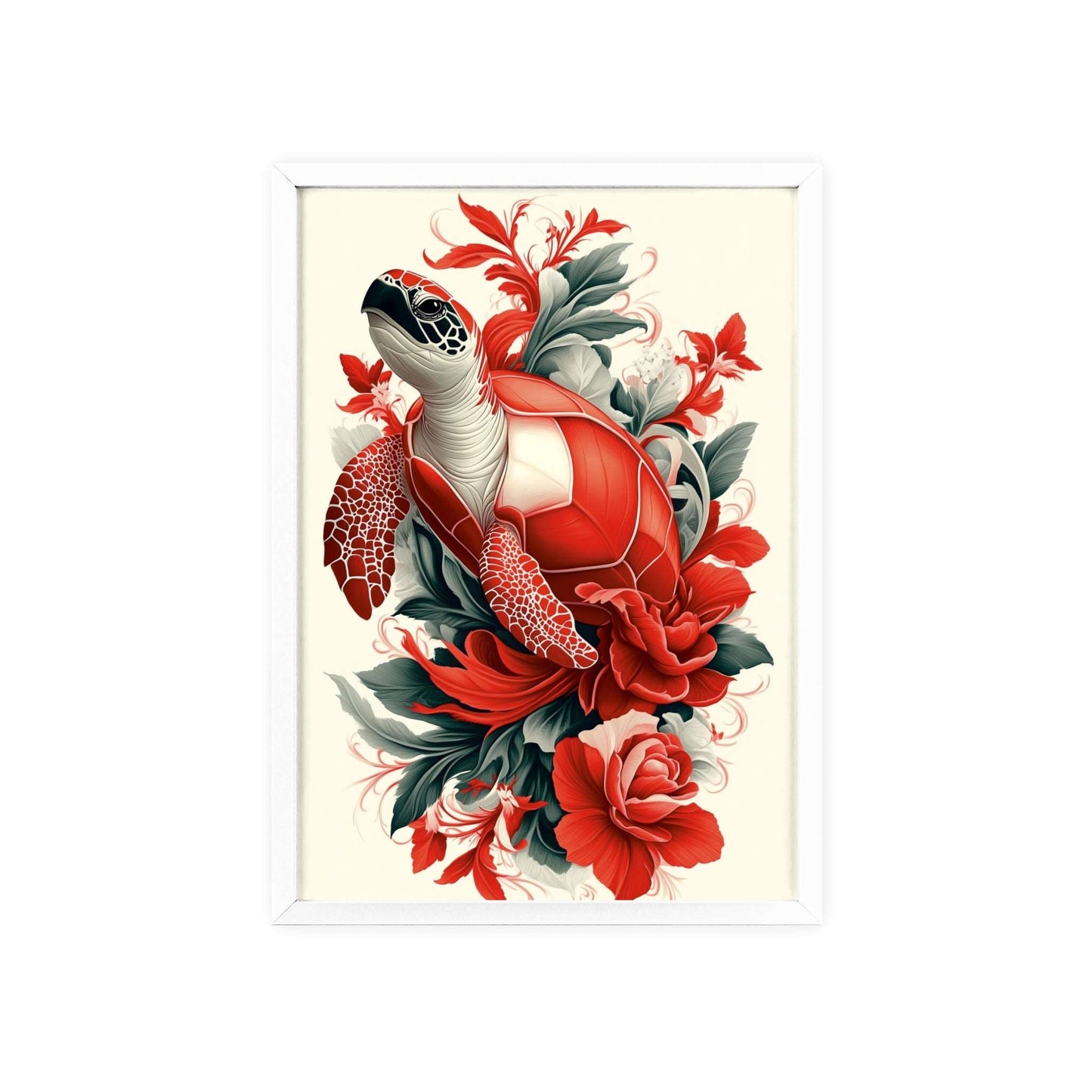 Framed poster of a stylized turtle surrounded by red flowers