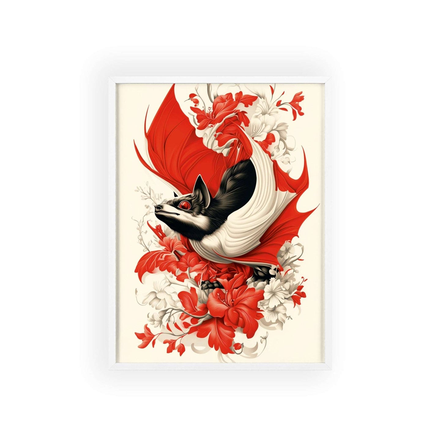 Framed poster featuring a stylized bat amidst vibrant red flowers