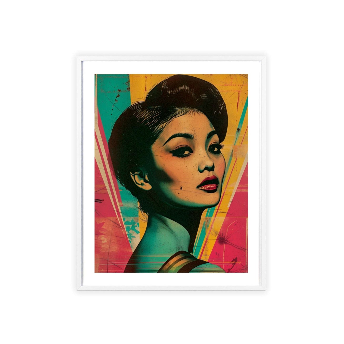 Pop art portrait of an iconic Indochinese woman from the Global Glamour collection, enhancing home decor with bold, vibrant design and chic aesthetic