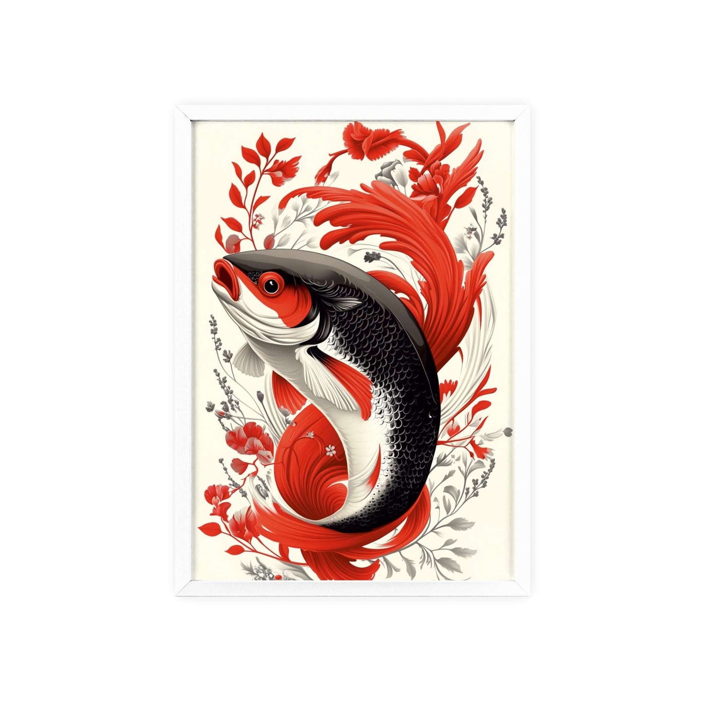 Framed poster of a stylized salmon surrounded by vibrant red flowers.