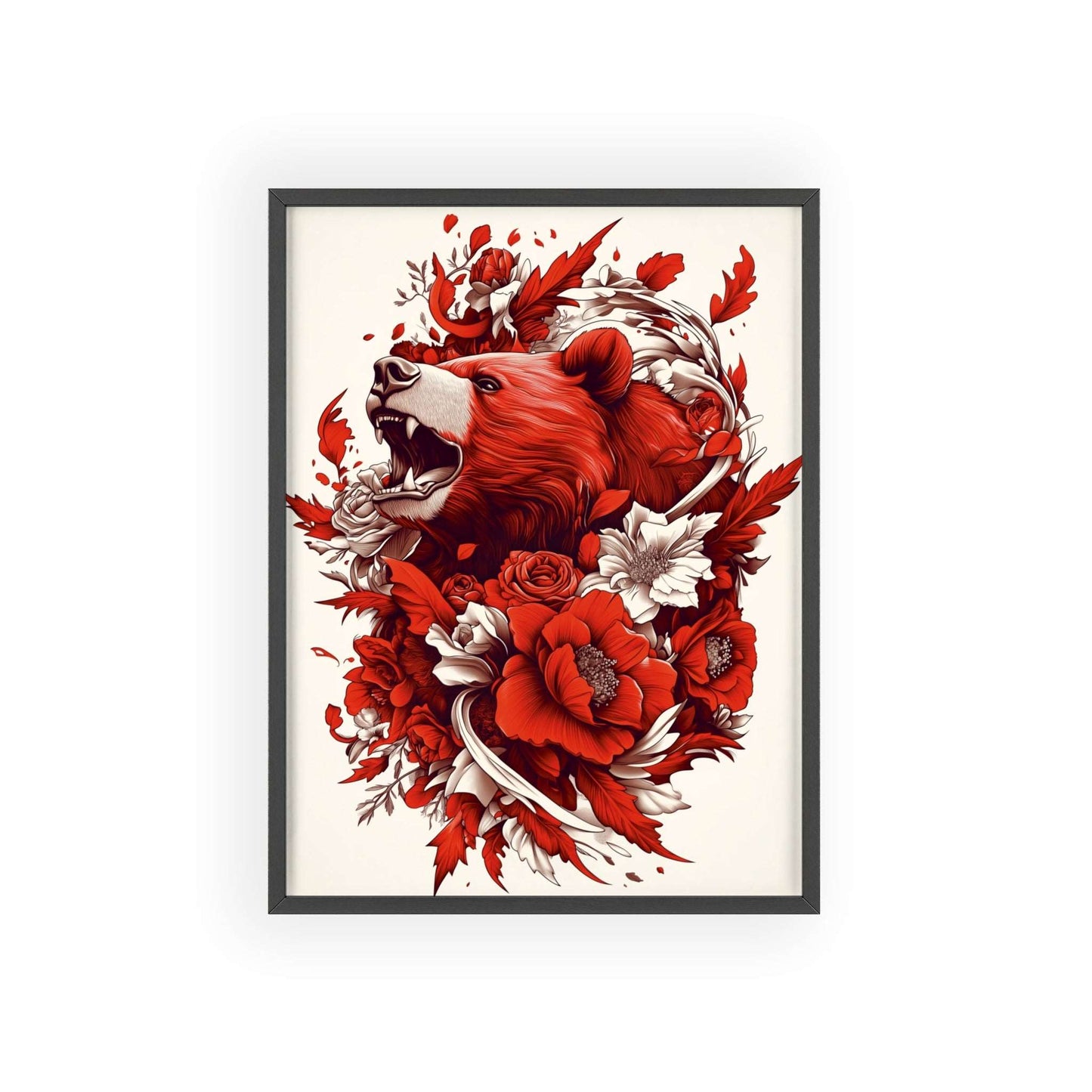 Framed poster of a stylized bear surrounded by red flowers