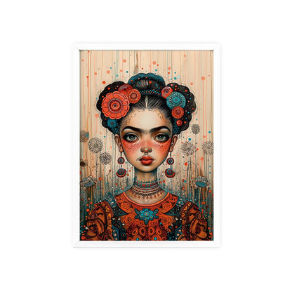 Framed poster titled "Frida in the Timeless Metaverse - Portrait". The poster depicts Frida Kahlo in a style reminiscent of Mab Graves and Klimt