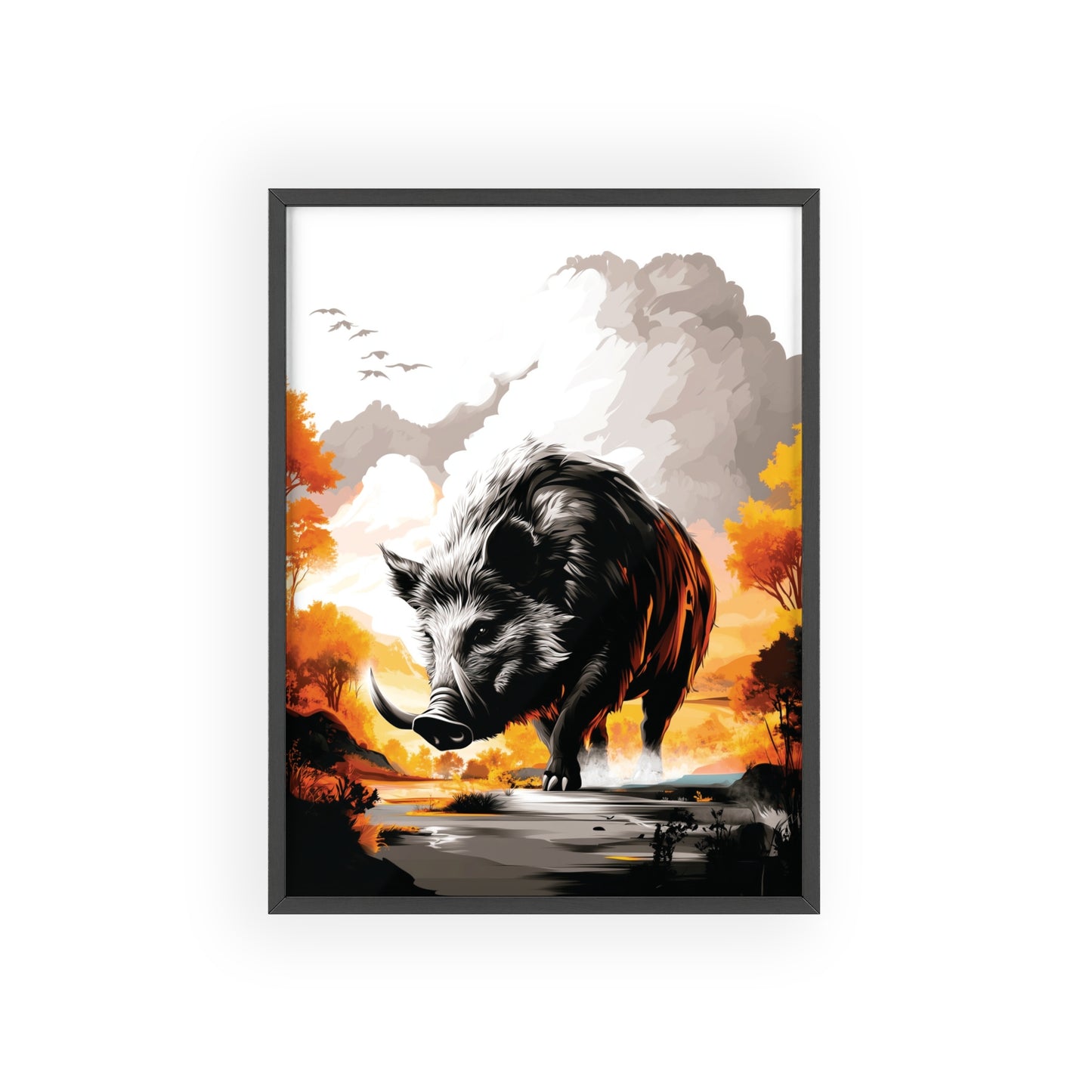 Dynamic digital pop art poster of a wild boar with geometric shapes in vibrant yellow, orange and black colors