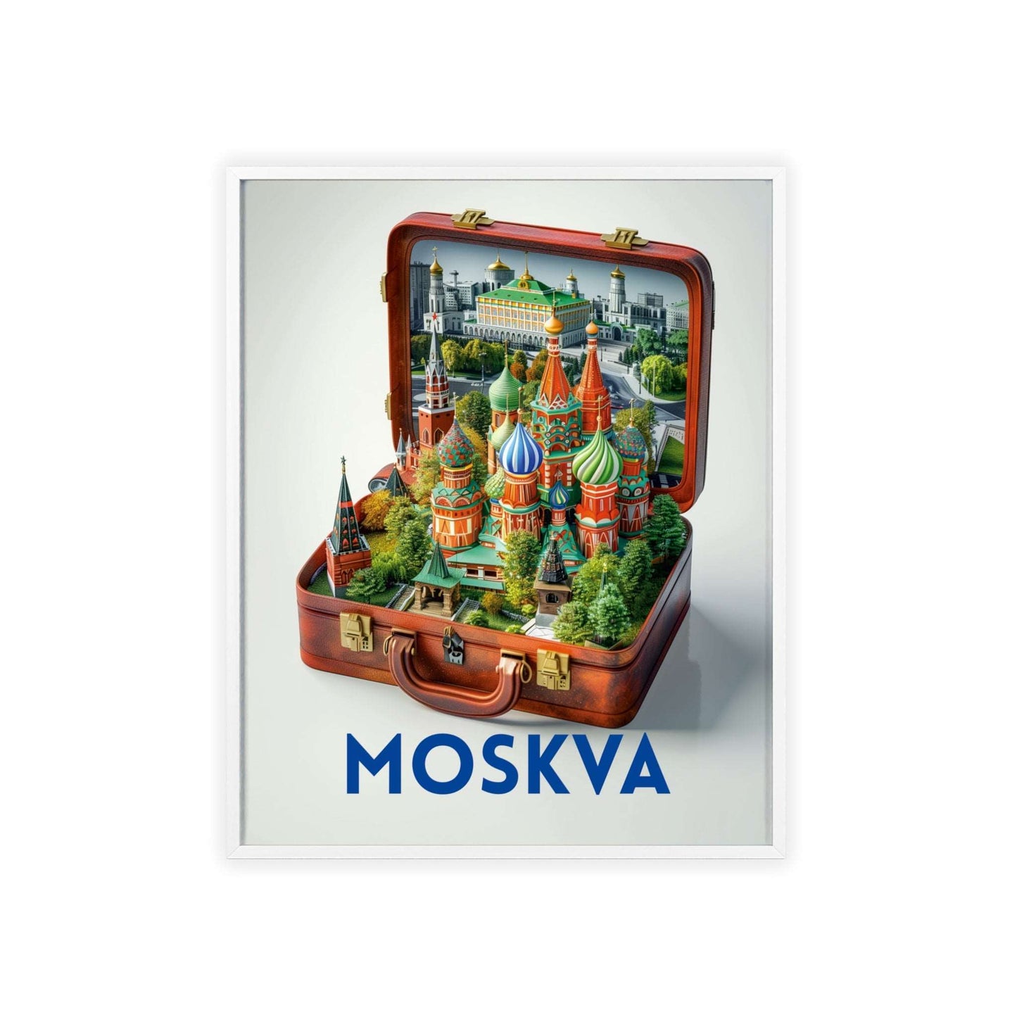Elegant Moscow in a Suitcase travel poster featuring iconic landmarks, inspiring wanderlust and a love for timeless travel.