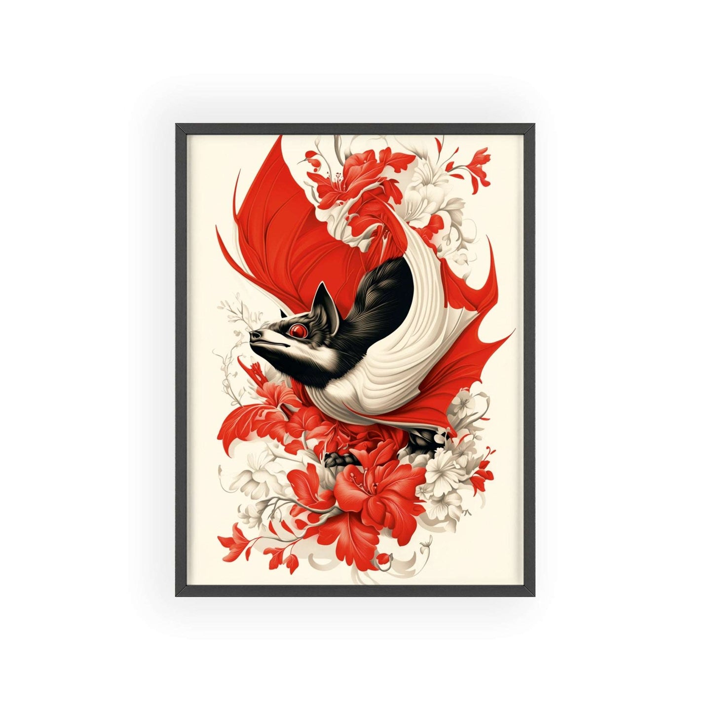 Framed poster featuring a stylized bat amidst vibrant red flowers