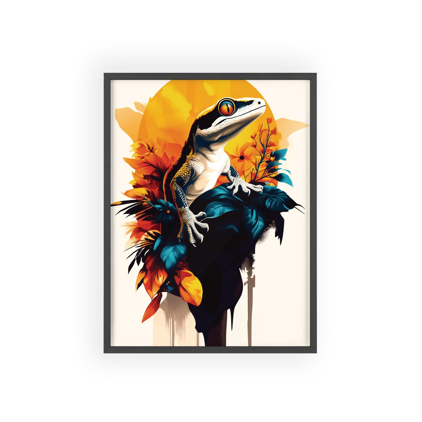 Framed Mystical Pop poster featuring a vibrant and colorful digital illustration of a wall gecko.