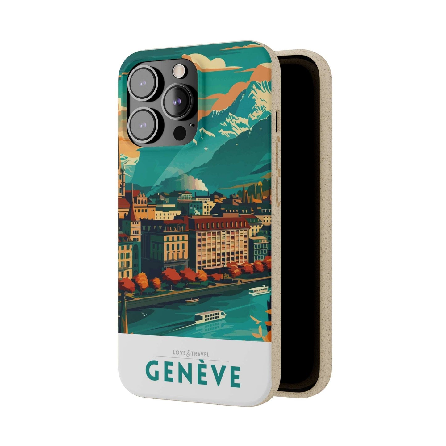 Colorful biodegradable phone case featuring a stylized travel poster design of Geneva, Switzerland.