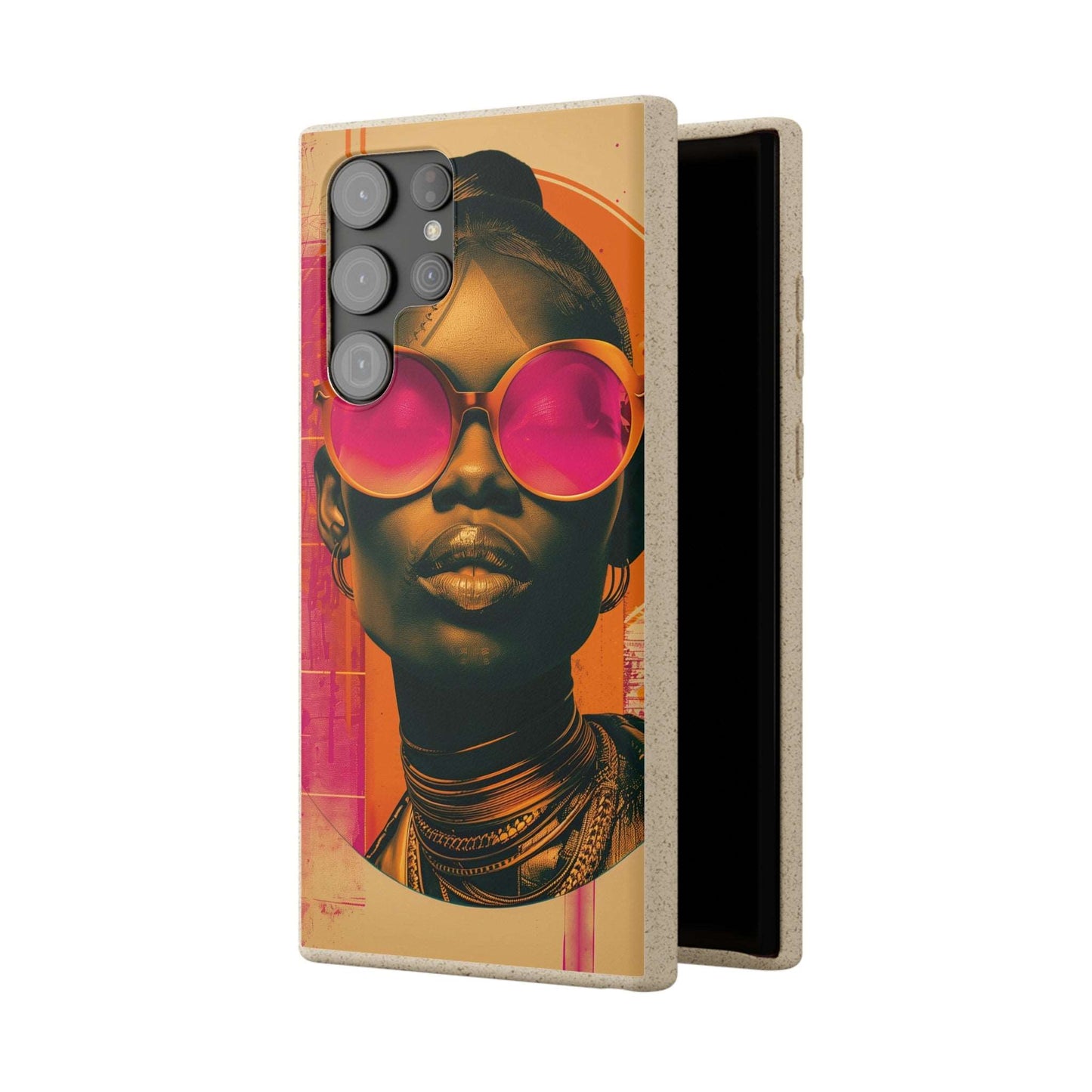 Lagos-inspired phone case with bold African motifs and biodegradable materials, compatible with iPhone and Samsung models.