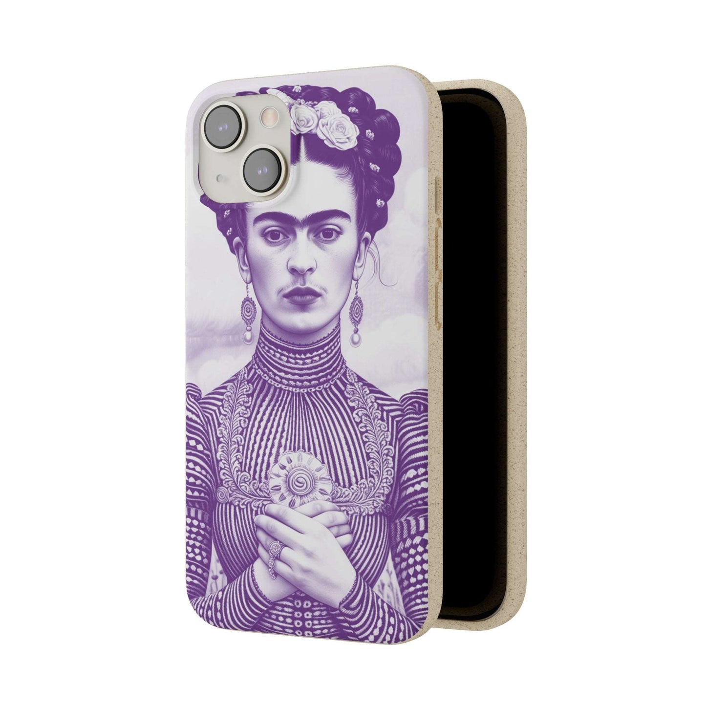 Stylish violet biodegradable phone case featuring an artistic portrait of Frida Kahlo.