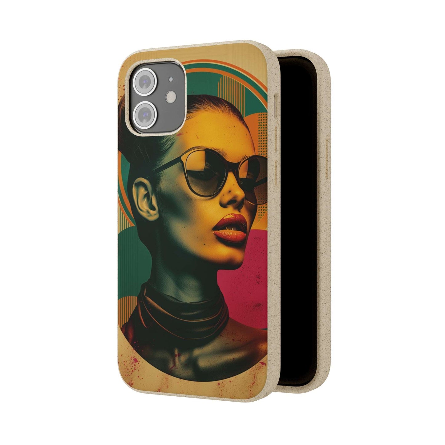 Rome-inspired biodegradable phone case with Mediterranean hues and a retro portrait, compatible with iPhone and Samsung models.