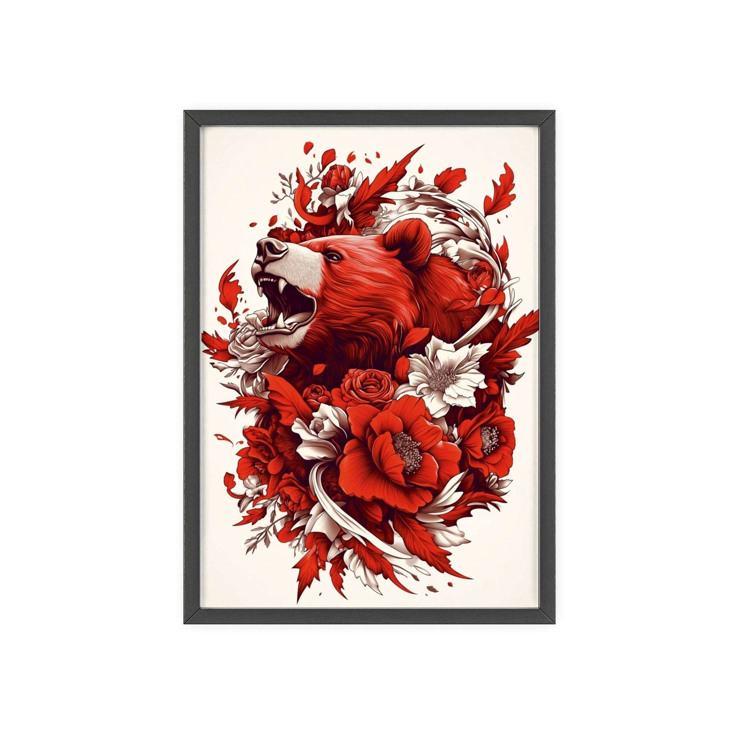 Framed poster of a stylized bear surrounded by red flowers