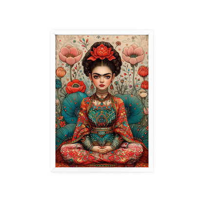 Framed poster featuring a young Frida Kahlo in a meditative pose. She is depicted in a modern vector design with a muted color palette.