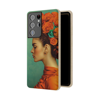 Vibrant orange biodegradable phone case featuring a stylized portrait of Frida Kahlo with aquamarine accents.