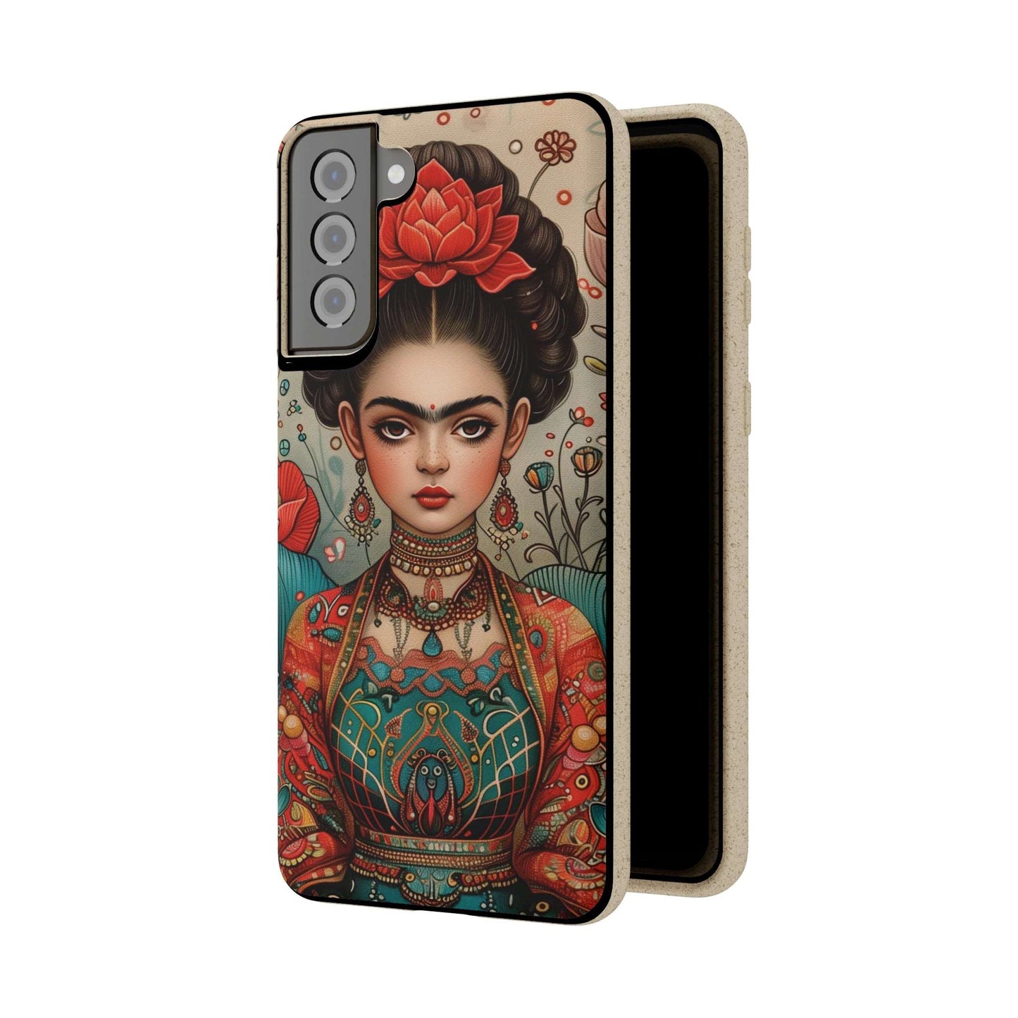 Artistic biodegradable phone case featuring a young Frida Kahlo in meditation, rendered in a modern style