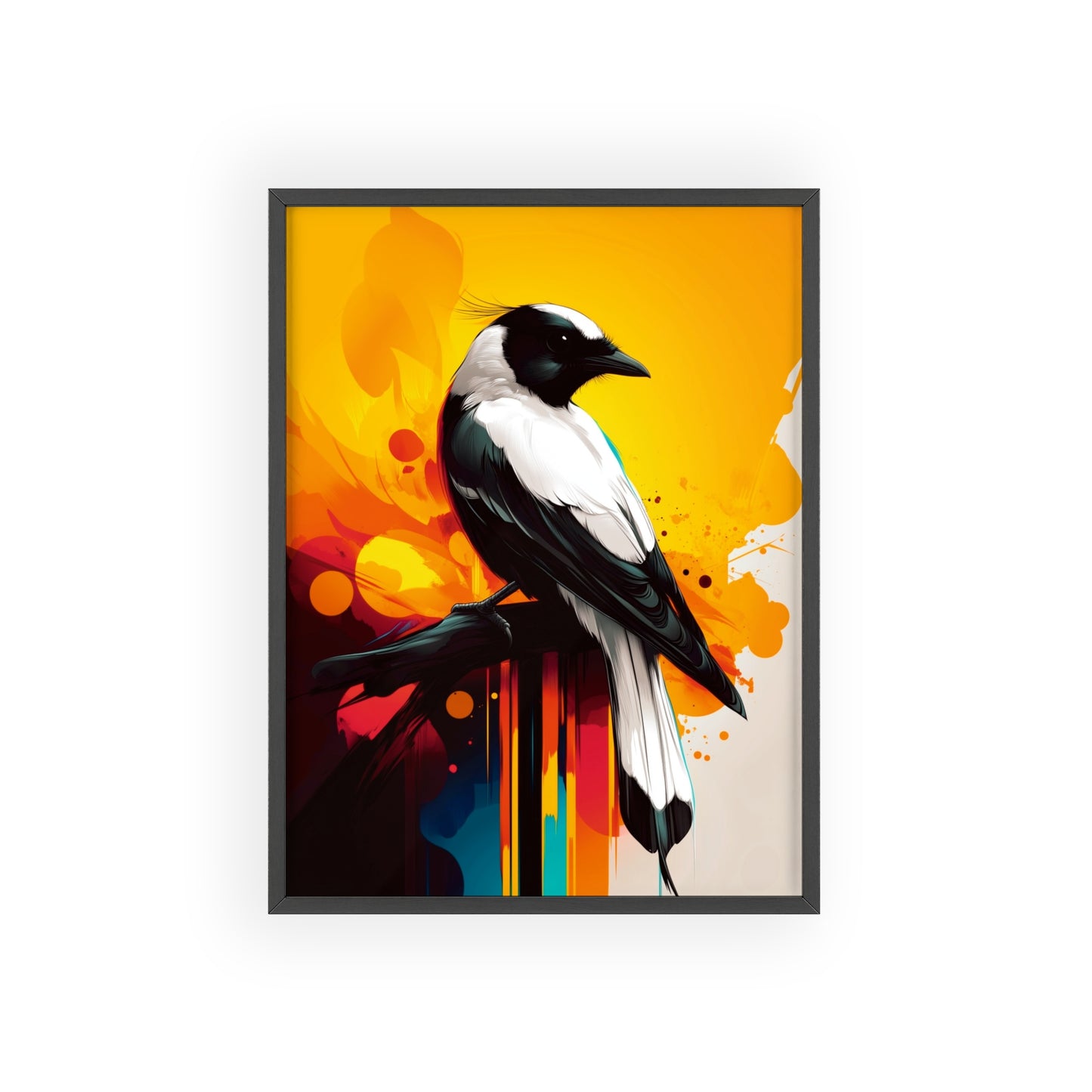 Framed Mystical Pop poster of a vibrant magpie in bold, colorful vector art.