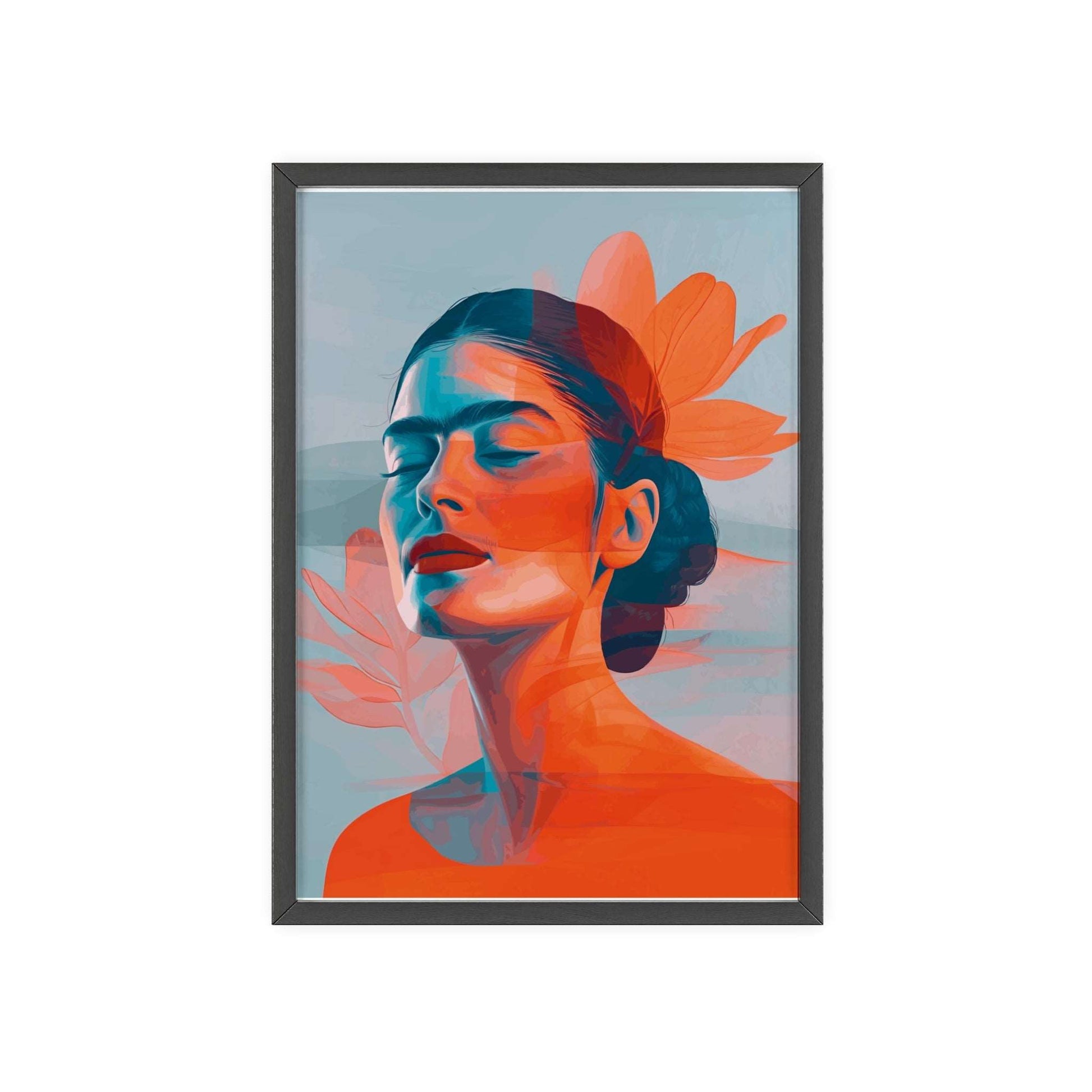 Framed poster featuring a high-resolution, minimalist portrait of Frida Kahlo with closed eyes. The portrait uses a double exposure effect with a background of orange and blue gradient leaves. The artwork is in a flat design style with smooth lines and geometric shapes.