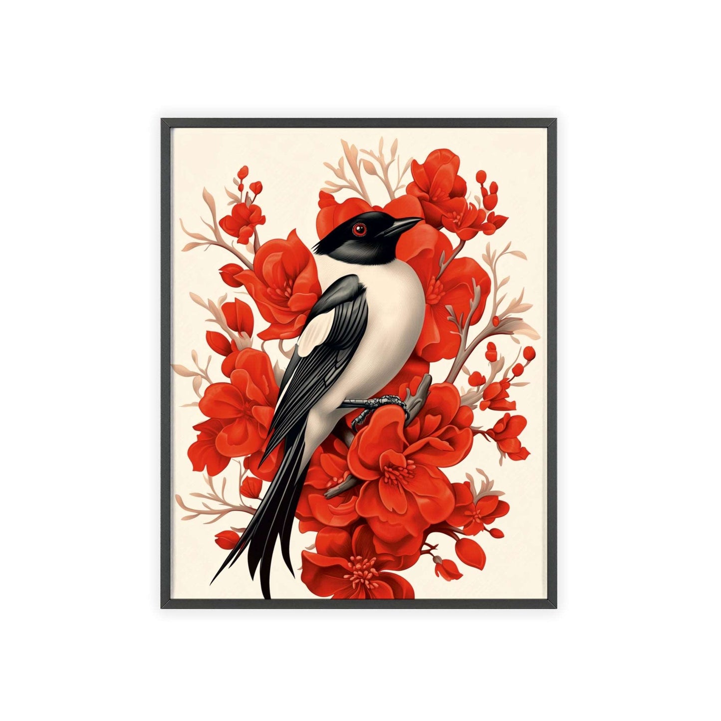 Framed poster featuring a stylized magpie surrounded by red flowers