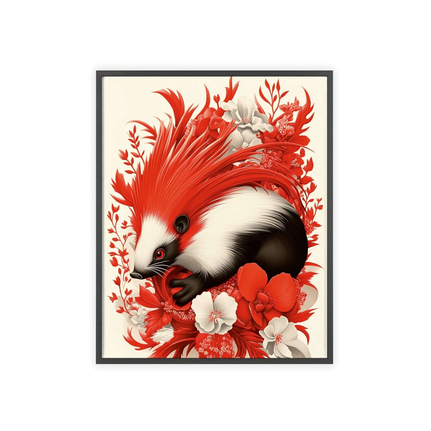 Framed poster featuring a stylized porcupine surrounded by red flowers