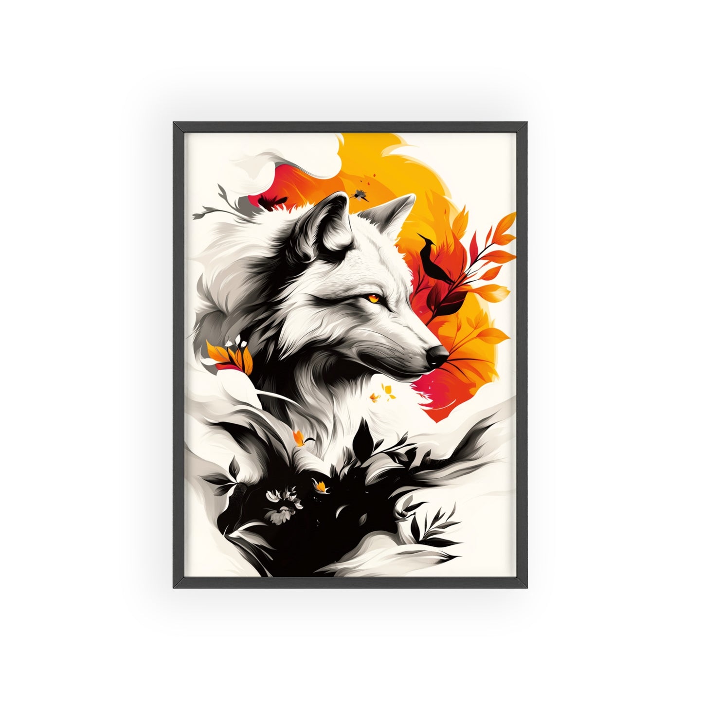 Contemporary digital pop art poster of a stylized wolf with dynamic geometric shapes in vibrant yellow, orange and black colors