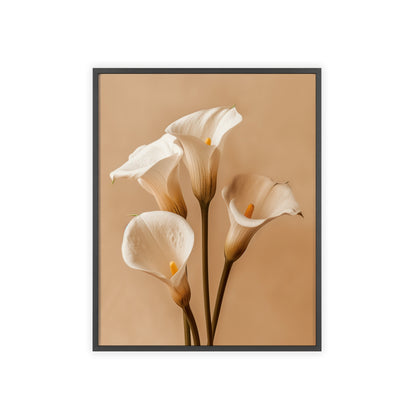 Vintage-style framed poster featuring elegant calla lily blooms with sleek, curving stems