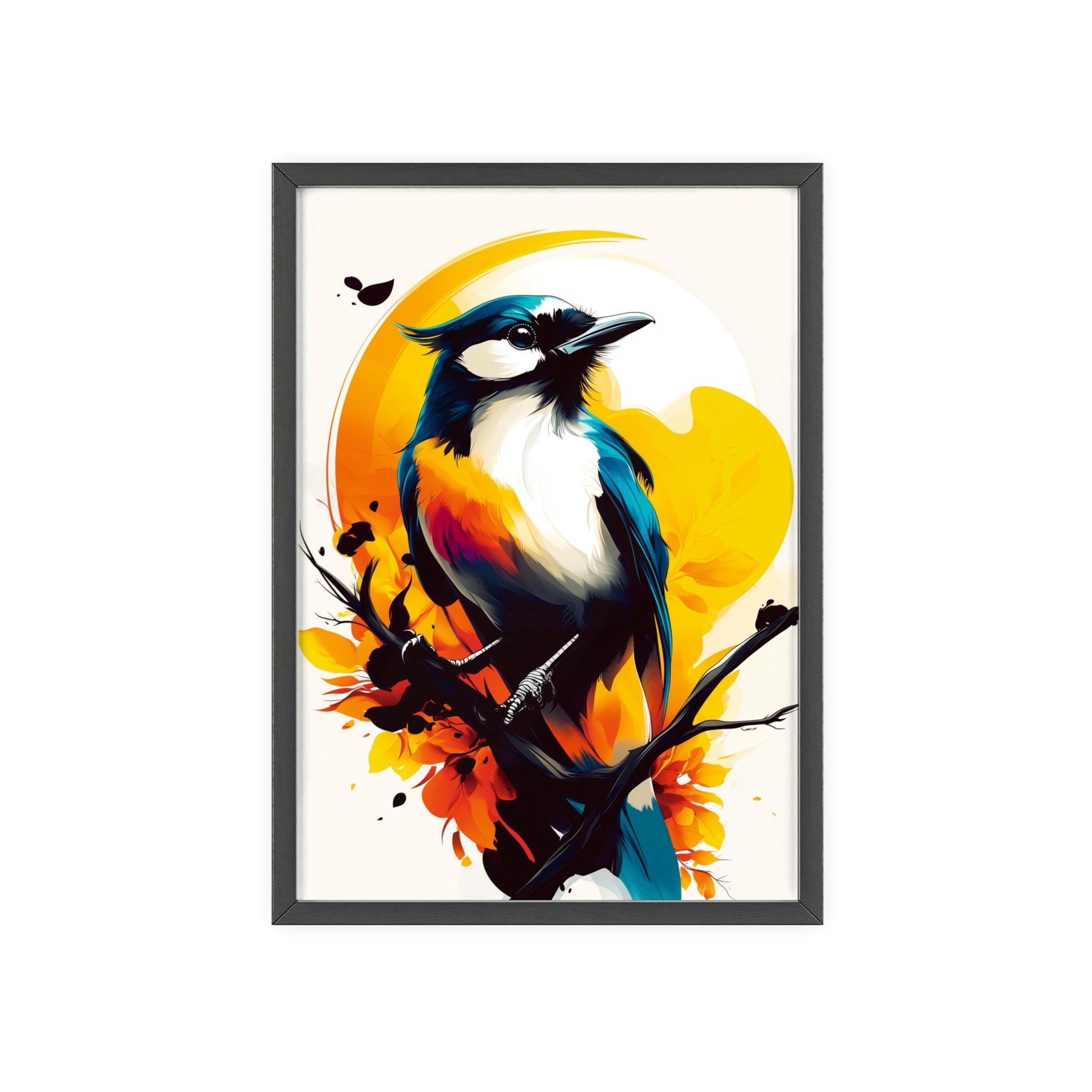 Stylized digital pop art poster of a jay with dynamic geometric shapes in vibrant yellow, orange, blue, and black colors